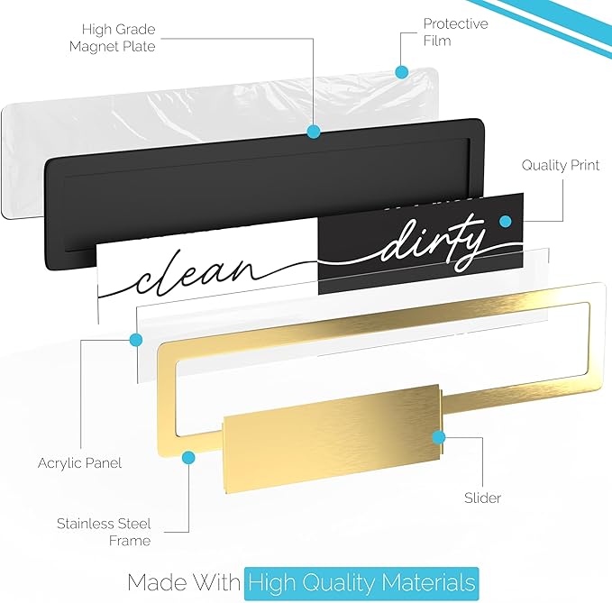 Stainless Steel Clean Dirty Magnet for Dishwasher, Gold Script Dishwasher Magnet Clean Dirty Sign, Premium Clean/Dirty Dish Washer Magnets with Protective Backing, Rustic Kitchen Dish Sign