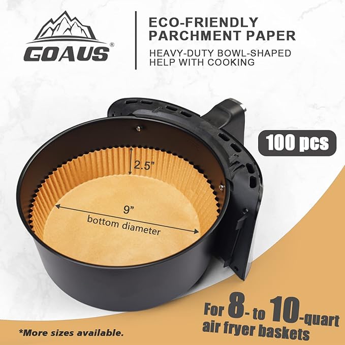 GOAUS Air Fryer 125 Pcs Round Paper Liners Disposable [Extra Large] for 8 Qt or Above Basket, 9 inch Unbleached Non-stick Parchment Paper