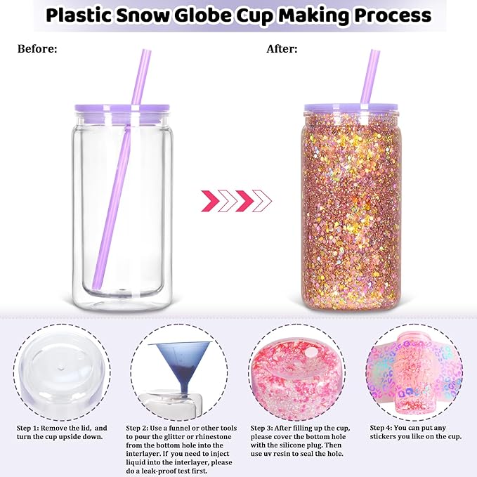 8 Pack Snow Globe Tumbler, 16 Oz Double Wall Plastic Can With Lid and Straw, Mason Jar Mug for DIY Glitter Gift (Mixed Colors)