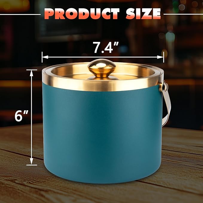 Ice Bucket, 3L Double-Wall Stainless Steel Insulated Ice Bucket With Lid and Ice-Tong, Ice-Buckets for Parties Home Bar, Chilling Beer, Champagne, Wine Bottle(Dark Green)