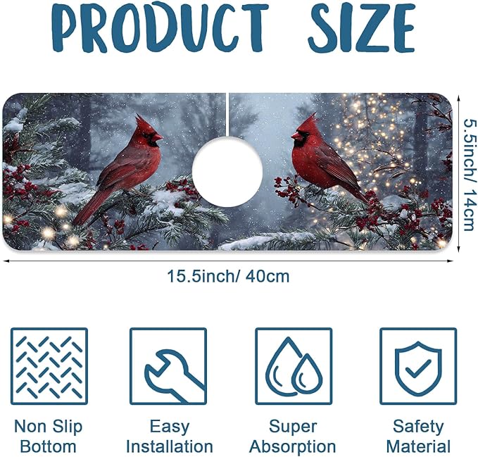 Winter Sink Splash Guard Faucet Mat Cardinal Christmas Super Absorbent Fast Drying Mat Sink Gadgets-Splash Guard Behind Faucet Drip Catcher for Kitchen Bathroom, 15.5"x5.5"