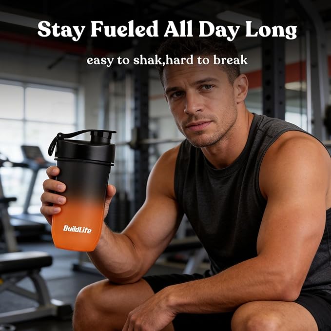 BuildLife Protein Shaker Bottle, 20oz Tritan Shaker Cup with Silent Mixing Grid – Lump Free Shakes 600ML for Pre Workout Protein & Smoothies, BPA-Free Leakproof Dishwasher Safe (BlackOrange)