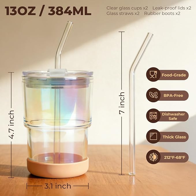 Zukro 13 oz Glass Iced Coffee Cups with Lid and Straw, Leak Proof Glass Tumbler for Ice Tea, Water, Non-Slip Silicone Bottom, Thick Wall Drinking Glasses for Home/Office, BPA Free, Shrimmer 2 Pack