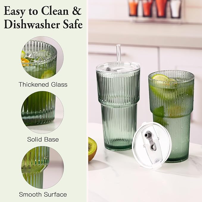 4PCS Green Ribbed Glass Cups with Lids and Straws, 20oz Vintage Drinking Glasses, Aesthetic Iced Coffee Cups, Glass Tumbler for Boba, Beer, Tea, Cocktails, Green Ribbed Glassware Set