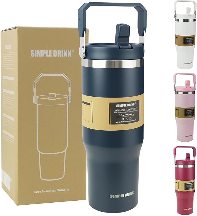 30oz Flip Straw Insulated Water Bottle with Handle, Leak Proof Stainless Steel Tumbler, Double Wall Vacuum Travel Coffee Mug for Cold Drinks, Gym Office Travel Essentials