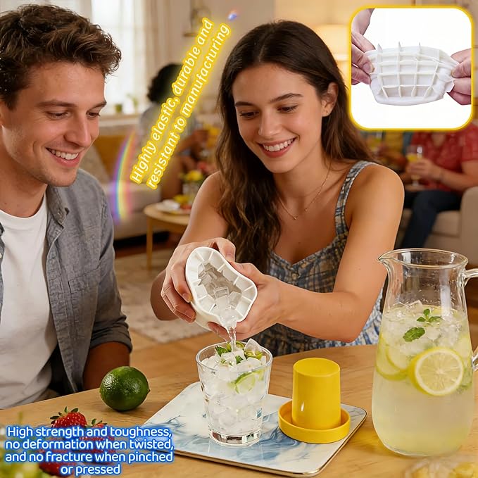 3D Upgraded Silicone Ice Cube Tray with Easy Release-30 Cubes, Leak-Proof&Space-Saving for Freezer,RV,Office-BPA-Free Fast Ice Maker for Drinks,Cocktails, Party (Includes Travel Ice Bucket) (Yellow)