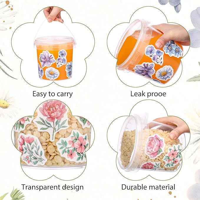PerKoop 20 Pcs 32 oz Ice Cream Buckets with Lids and Handles Clear Cocktail Rum Buckets with Stickers Plastic Transparent Tub Reusable Food Storage Containers for Parties (Watercolor Flower)