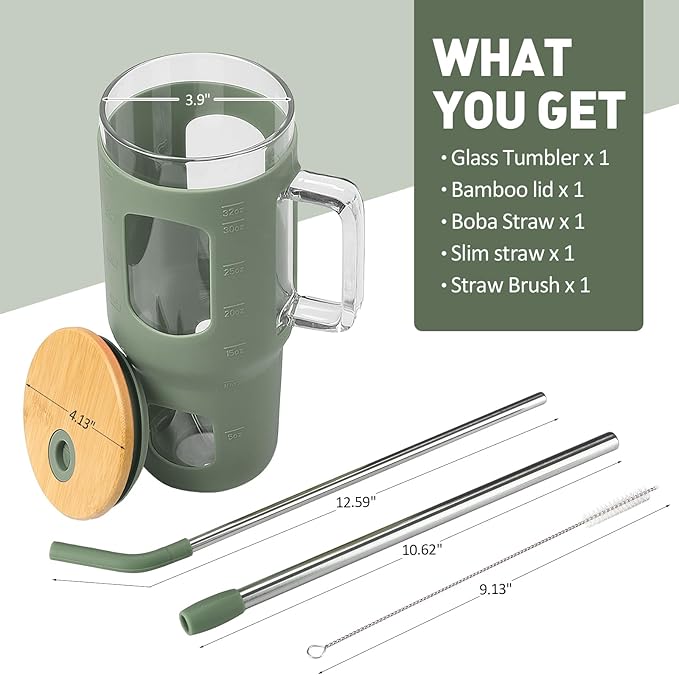 WINSA Glass Tumbler with Lid, 32 oz Glass Cup with Handle, Glass Water Bottles with Time Marker, 2 Straws - Pearl Straw & Silicone Protective Sleeve - Olive