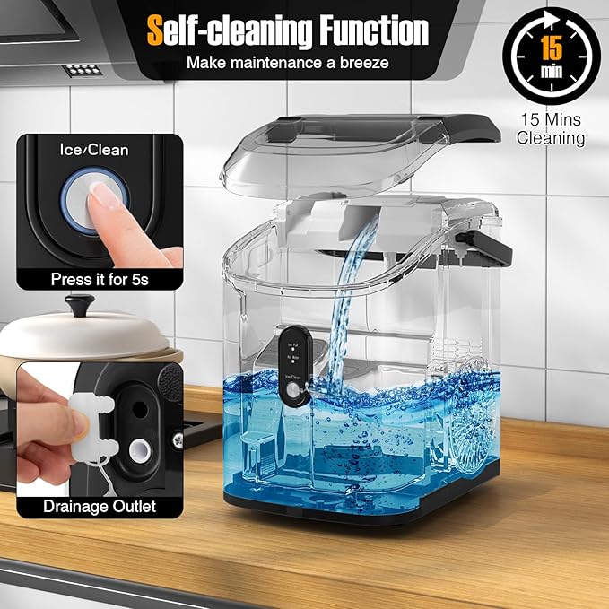 COSTWAY Nugget Countertop Ice Maker, Ready in 6 Mins, 34 lbs/24H, Ice Machine with Soft Chewable Pellet Ice, Self-Cleaning, One-Click Operation, Ice Basket & Ice Scoop for Kitchen (Black)