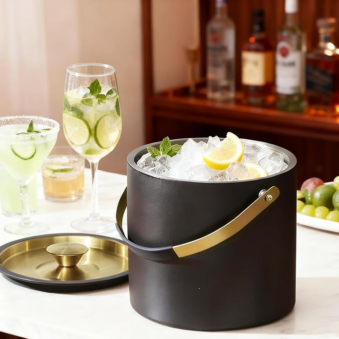 3.2L/3.4QT Modern Insulated Ice Bucket with Silicone Lid, Scoop, Strainer, Double Wall Stainless Steel Ice Bucket for Parties & Cocktail Bar,Ideal for Gift(Black)