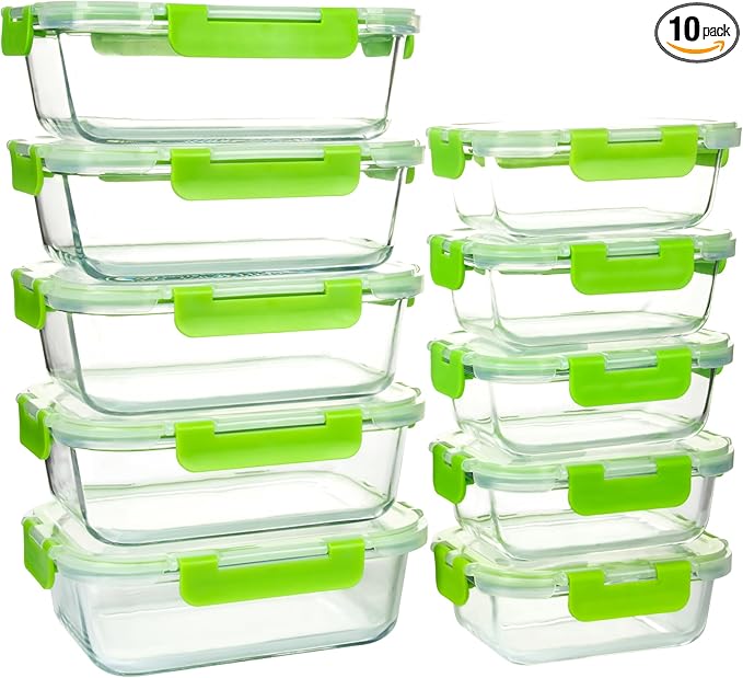 UMEIED 10 PACK Glass Food Storage Containers with Leak Proof Lids, Glass Airtight Meal Prep Containers Set for Lunch, On the Go, Leftover, Kitchen Pantry Organizers and Storage (Green)