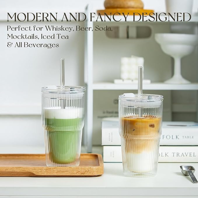 KEMORELA 16oz Ribbed Double Wall Glass Cups with Lid and Straw 2PCS, Coffee Bar Accessories，Insulated Borosilicate Glass Tumblers, To Go Iced Coffee Cups, Spill proof tumbler,tumblers & water glasses