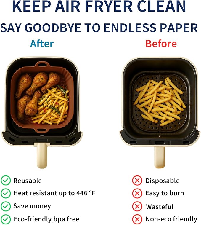 Boribim 9 Inch Large Air Fryer Silicone Liners - 2 PCS Square Reusable AirFryer Basket Liners for 5-8QT Air fryer, Air fryer Accessories for Baking Roasting Microwave (Black + Brown)