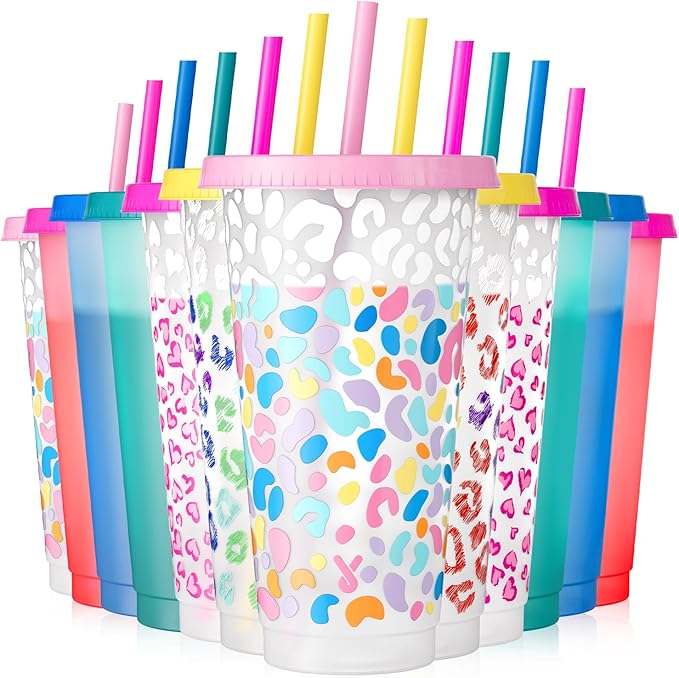Meoky Plastic Cups with Lids and Straws - 12 Pack 24 oz Color Changing Cups, Iced Coffee Cups, Reusable Tumblers Bulk for Party, Car, Adults, Women, BPA-free (Solid & Patterned)
