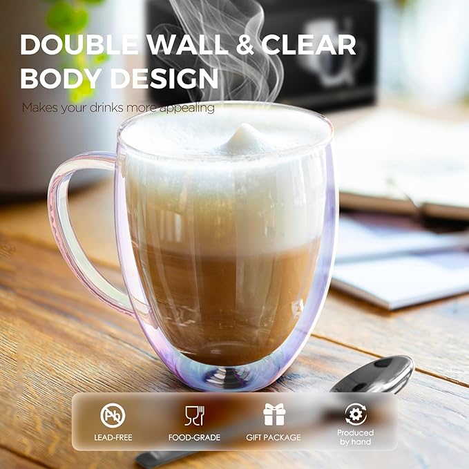Double Wall Glass Coffee Mugs Set of 2, 12 Oz Coffee Mugs with Handle Clear Iridescent Glass Cups, Perfect for Espresso, Cappuccino, Latte, Americano, Tea Bag, Beverage