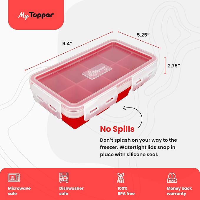 IceTopper XL Ice Cube Tray with Attached Lids - Easy Release Ice Cube Molds, 8 Large Cubes per Tray, Stackable, Microwave & Dishwasher Safe, 100% Food Grade Silicone, BPA Free & Recyclable (2 Pack)