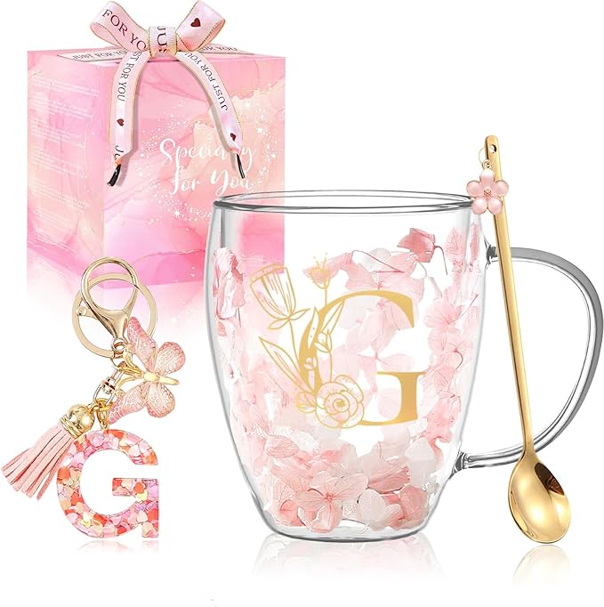 Personalized Gifts for Women Flower Glass Coffee Mug Initial Tea cup Monogrammed Customized Bridesmaid Bride Wedding Gifts Graduation Gifts Valentine Mother's Day Birthday Christmas Gift (G)