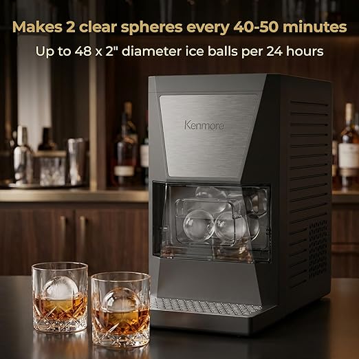 Kenmore Countertop Clear Sphere Ice Ball Maker - 2-Inch Slow-Melting Ice Spheres for Whisky & Cocktails, Makes Up to 48 Clear Ball Per Day, Touch Controls, Black