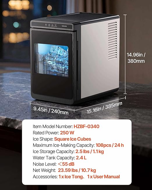 VEVOR Countertop Ice Maker, 22 lbs per Day, Self-Cleaning Portable Machine with Tong, Drawer-Style Ice Access, Ice-Making Machine with Large Square Cubes, for Cocktails & Whiskey