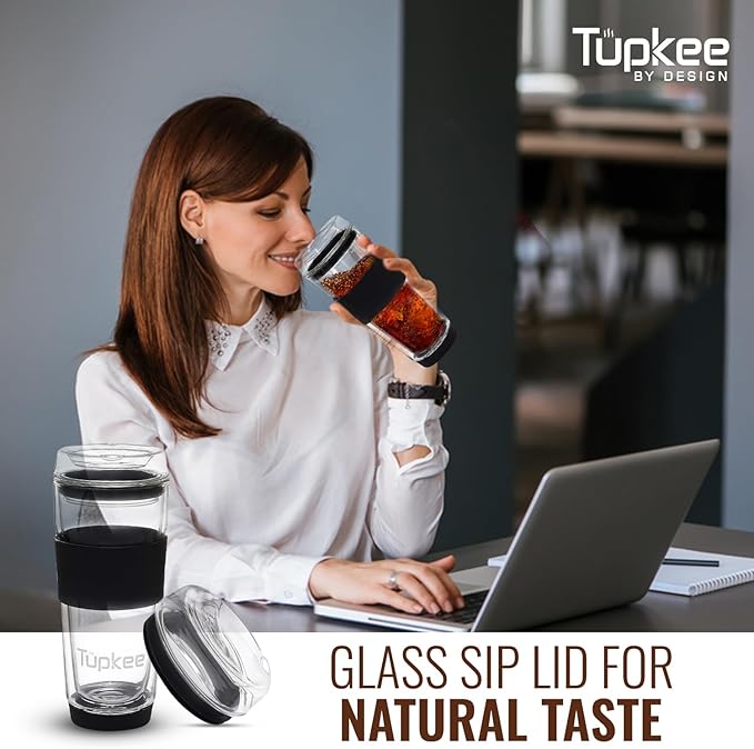 Tupkee Glass Sip Lid Black - Replacement Double Wall Glass Tumbler, 14oz & 8oz Hand Blown Travel Mug