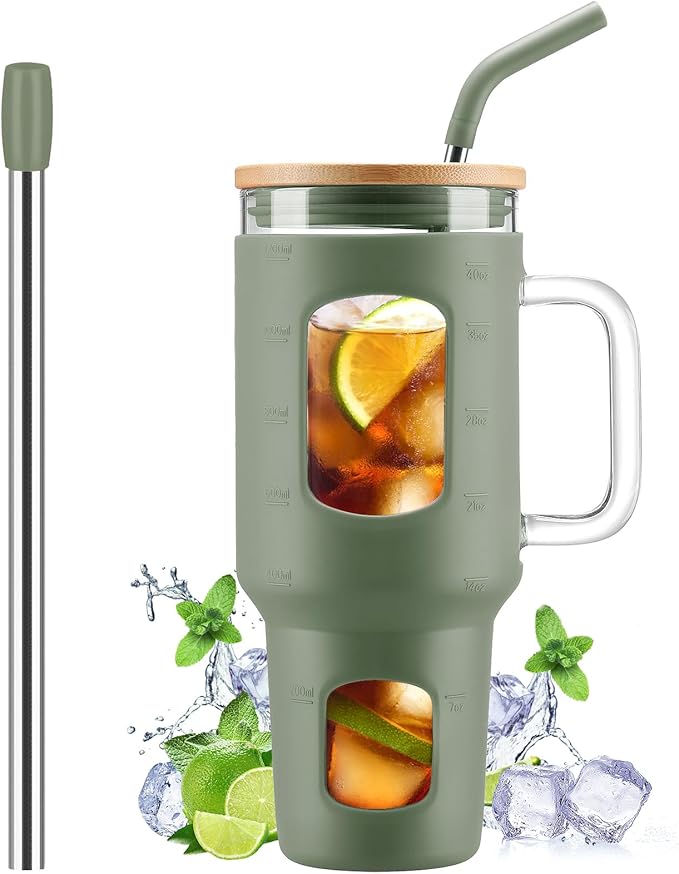 WINSA Glass Tumbler with Straw and Lid, 40 oz glass cup with handle, Glass Water Bottles with Time Marker, Silicone Protective Sleeve-Olive