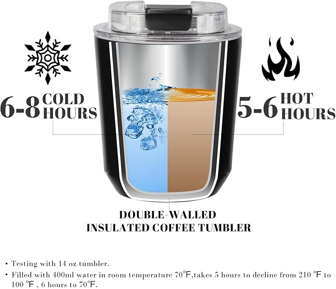 Puraville Insulated Tumblers with Lid, 10 oz Travel Coffee Mug Stainless Steel Vacuum Cup, Leak Proof Reusable Double Walled Coffee Tumbler for Iced and Hot Drinks, Black