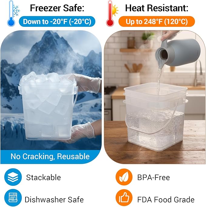 Food Storage Buckets with Lids - 4 Set Square Clear Plastic Containers, Airtight Pressure Seal & Handle for Kitchen Freezer Prep (Clear, 34 oz)
