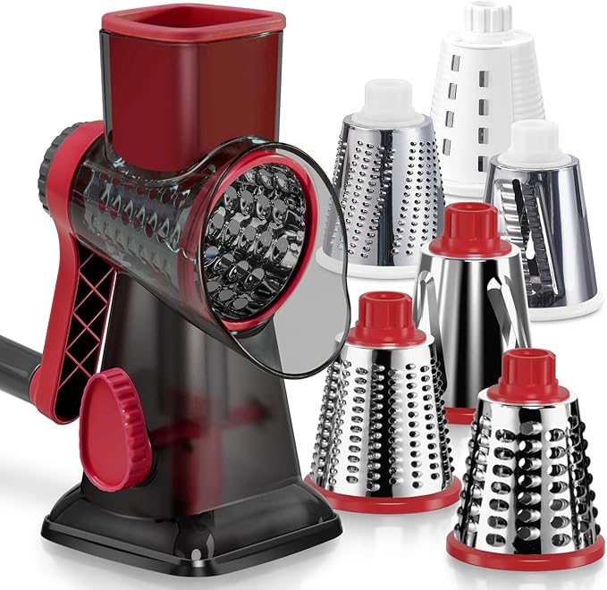 KEOUKE Rotary Cheese Grater Pro 6 in 1 - Shredder Crinkle Slicer Grinder Ice Shaver, Stable Suction, Time-saving Easy Use & Clean, Safe Morden Kitchen Tool for Cheese, Vegetable, Nuts, Chocolate