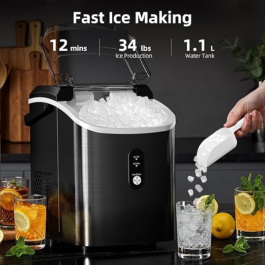 Antarctic Star Nugget Ice Maker Countertop, 35lbs/24H Ice Machine, Soft Chewable Sonic Ice, Self-Cleaning, Fast Ice Ready in 8 Minutes, Compact Design with Handle, Stainless Steel Black