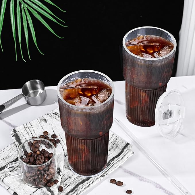 20oz Glass Tumblers with Lids and Straws,2PCS Glass Cups with Lids and Straws,Iced Coffee Cups with Lid,Drinking Glasses for Juice, Smoothies