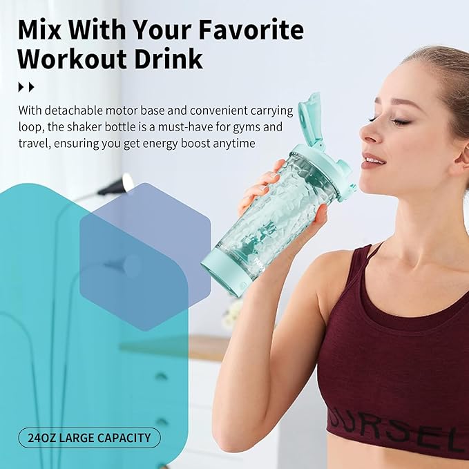 FANS-ONE Electric Shaker Bottle, 24oz Lockable Blender Cup Electric Protein Shaker Bottles, Tritan USB C Rechargeable Mixer, Portable Shaker Cups for Protein Shakes for Men Women, Water Blue