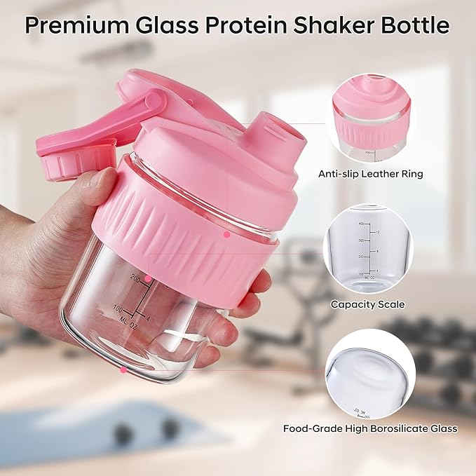 12oz Glass Shaker Bottle for Protein, Small Borosilicate Glass Protein Powder Leak-Proof Shaker Cup Mixes with 304 Blending Ball(12oz,Pink)