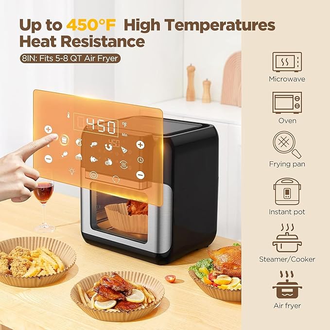 Air Fryer Liners Disposable, 100pcs Air Fryer Liners, Non-Stick Oil Resistant Air Fryer Parchment Paper Liners, 8 Inch Round Airfryer Liners Waterproof Oilproof For 5-8 Qt Airfryer Basket, Baking