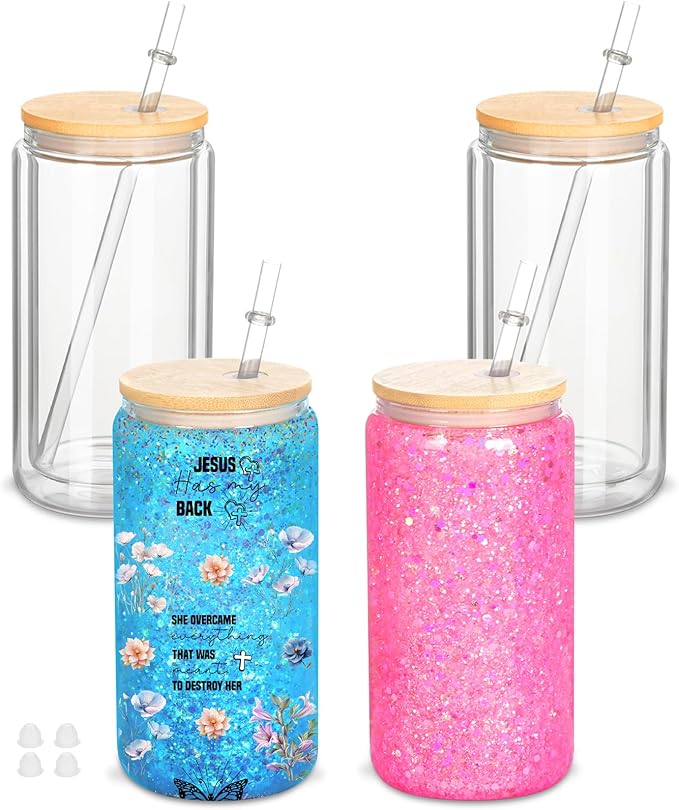 4 Pack 16 Oz Sublimation Snow Globe Tumbler, Snow Globe Cups with Pre Drilled Hole, Double Wall Beer Can Glass Mason Jar Mug with Bamboo Lids and Straws for Snowglobe DIY