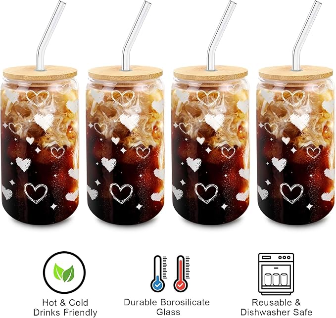 Glass Cups with Lids and Straws – 4 Pack 16oz Heart Tumblers for Cold Drinks, Iced Coffee, Tea, Juice – Sharing Drinkware for Friends, Couples & Gifts