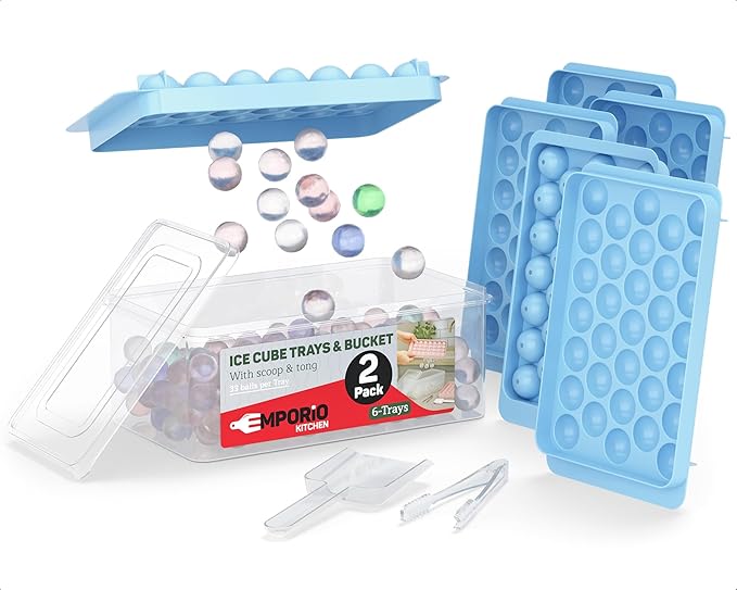 Emporio Kitchen Round Ice Cube Tray Set Pack of 2, BPA-Free Stackable Trays with Lid & Tongs, 33 Ice Balls Per Tray for Whiskey, Drinks, and Cocktails, Quick Release Round Ice Cube Mold, Blue
