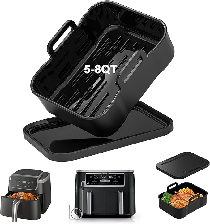 Air Fryer Silicone Liners Thickening Reusable with Lid for 5-8QT Air Fryer Basket & Ninja DZ550 DZ401 DZ302 SL401 Air Fryers,1 Pack Air Fryer Accessories for COSORI, Chefman, Instant Air Fryers