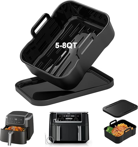 Air Fryer Silicone Liners Thickening Reusable with Lid for 5-8QT Air Fryer Basket & Ninja DZ550 DZ401 DZ302 SL401 Air Fryers,1 Pack Air Fryer Accessories for COSORI, Chefman, Instant Air Fryers