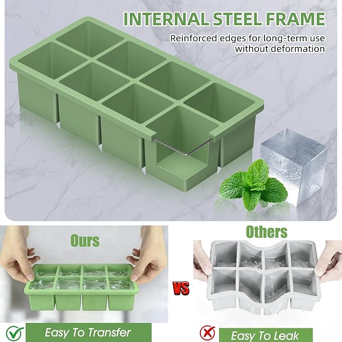 Large Ice Cube Molds, 2 Pack Easy Release Ice Trays for Freezer with Lid, Stackable Square Big Silicone Ice Cube Tray BPA Free Slow Melting for Bourbon Whiskey, Cocktails, Iced Coffee (Green)