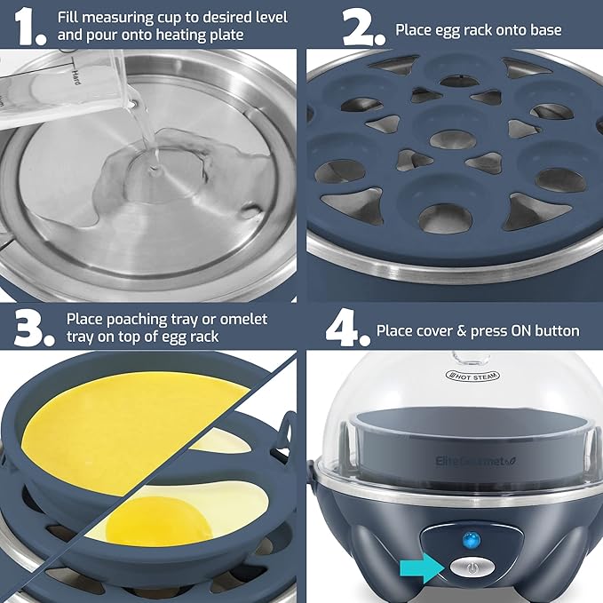 Elite Gourmet EGC710BG Rapid Egg Cooker, 7 Easy-To-Peel, Hard, Medium, Soft Boiled Eggs, Poacher, Omelet Maker, Auto Shut-Off, Alarm, 16-Recipe Booklet, BPA-Free, Slate Blue