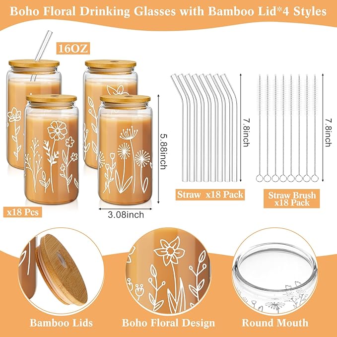Mumufy 18 Pack Favor Glass Tumblers Boho Floral 16oz Iced Coffee Cups with Bamboo Lids and Straws Bridesmaid Gifts for Wedding Day Elegant Drinkware for Reception and Welcome Drinks