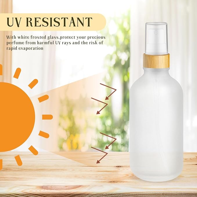 4-Pack 4 Oz Glass Spray Bottle with Bamboo Lid,Empty Refillable Fine Mist Atomizer,Leak-Proof Travel Liquid Holder Container for Cologne,Essential Oils,Room Sprays,Cleaning Solutions (Frosted)