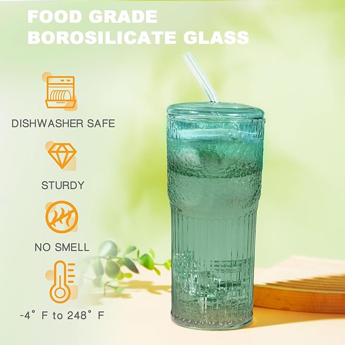 JunVpic Glass Coffee Cups with Lids and Straws, 20 OZ Green Iced Water Glasses Tumblers for Ice Juice, Tea, Milk, Smoothie and Cold or Hot Drinks, Set of 2