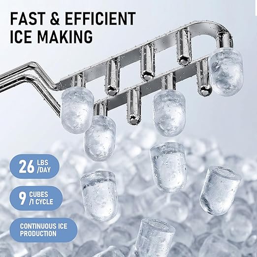 Countertop Ice Maker 26LBS per Day,9 Ice Cubes in 6 Mins,Self-Cleaning Portable Ice Machine with 2 Bullet Types for Kitchen, Camping, RV, and Party
