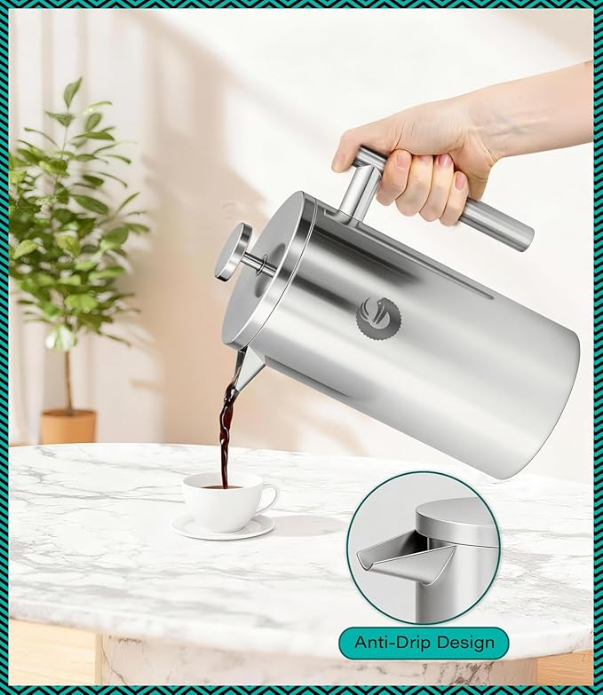 Coffee Gator 304 Grade Stainless Steel French Press Coffee Maker 34 oz, Double Wall Insulated Teapot with 4-Level Filtration System, Include Travel Jar Canister, Rust-Free, Dishwasher Safe, Silver