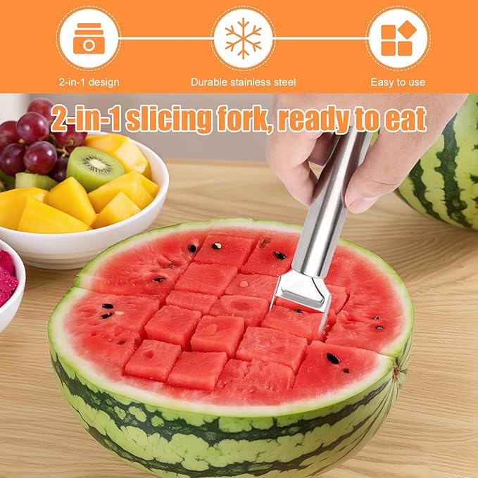 3Pcs Watermelon Cutter, 2025 Summer New 2-in-1 Stainless Steel Fruit Cutter 8.78 in Portable Dual Head Fruit Fork Melon Slicer Cutting Tool Kitchen Gadgets for Camping Picnic Home