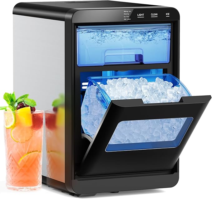 Electactic Nugget Ice Maker Countertop, Chewable Pellet Ice Machine with Handle, 44lbs Per Day Portable Ice Makers, Auto-Cleaning Ice Machine with Basket and Scoop for Home/Party/RV/Camping (Silver)