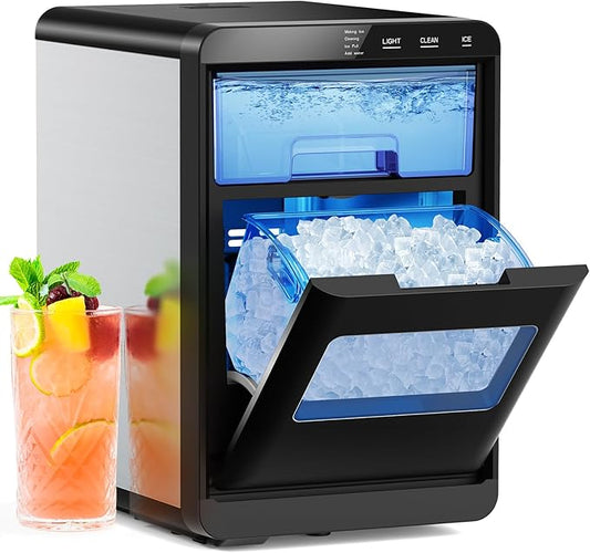 Electactic Nugget Ice Maker Countertop, Chewable Pellet Ice Machine with Handle, 44lbs Per Day Portable Ice Makers, Auto-Cleaning Ice Machine with Basket and Scoop for Home/Party/RV/Camping (Silver)