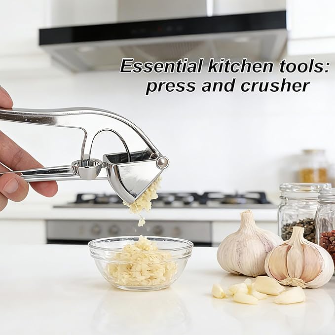 Professional Garlic Press, Aluminum Alloy Heavy-Duty Garlic Mincer Crusher, Easy Squeeze Masher Rocker Tool with Ergonomic Handle, Dishwasher Safe Kitchen Gadget Essential (Silver)