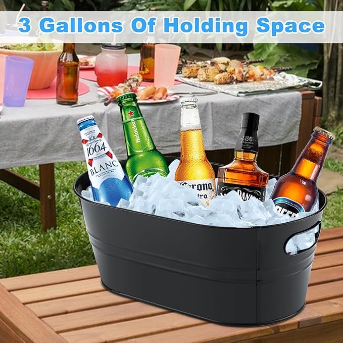 4Pcs 3 Gallon Black Galvanized Bucket Ice Bucket Large Metal Drink Buckets for Parties Beer Beverage Tub with Scoops for Champagne Cocktails Wine Cooling for Mimosa Bar Supplies